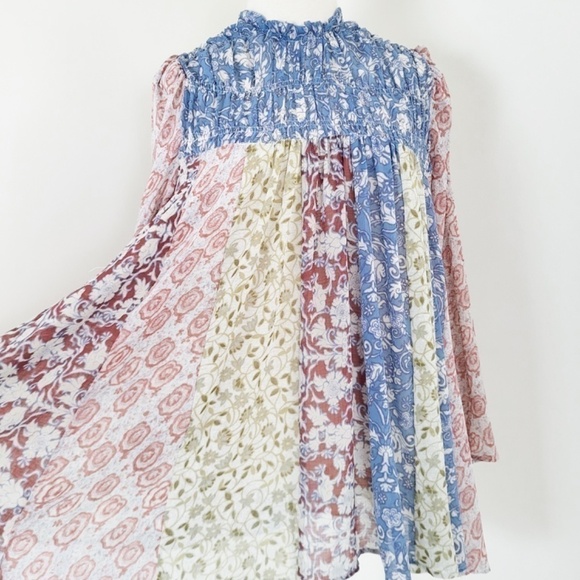 Free People Merrie Mix Floral Print Smocked Chiffon Tunic Rouched Blouse Lilac - Picture 9 of 16